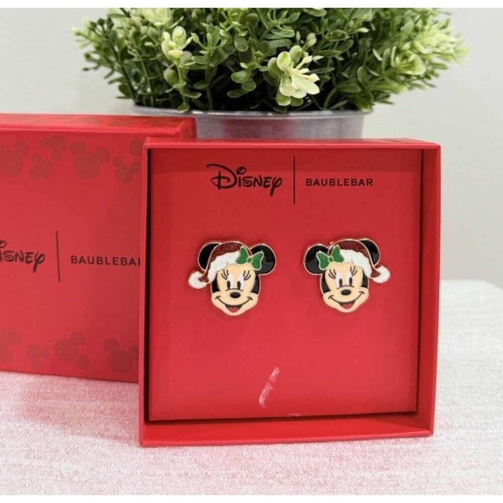 Disney x BaubleBar Christmas Holiday Minnie Mouse In Santa Hat Stud Earrings NIB